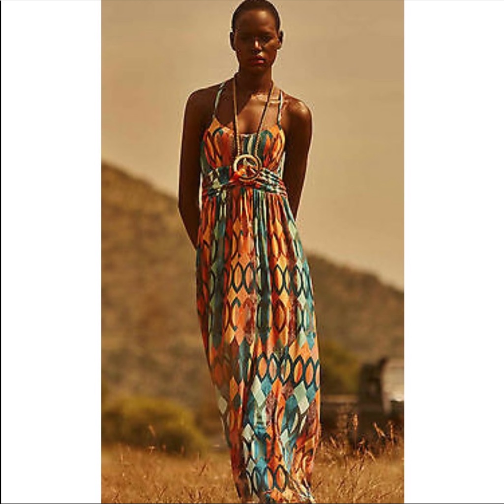 Anthropologie Multicolor Geometric Halter Maxi Dress